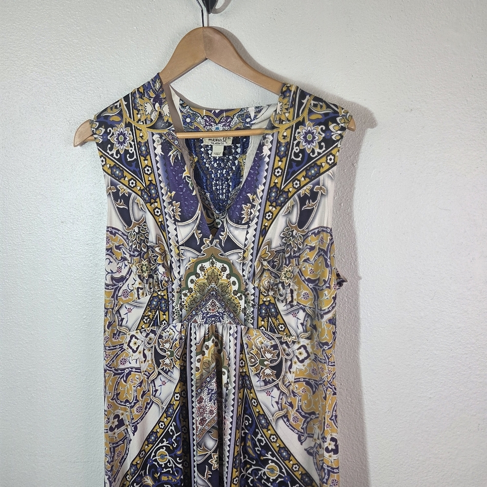One World Womens XL Boho Maxi Dress Rhinestone Embellished Blue Lace Back - Picture 5 of 12